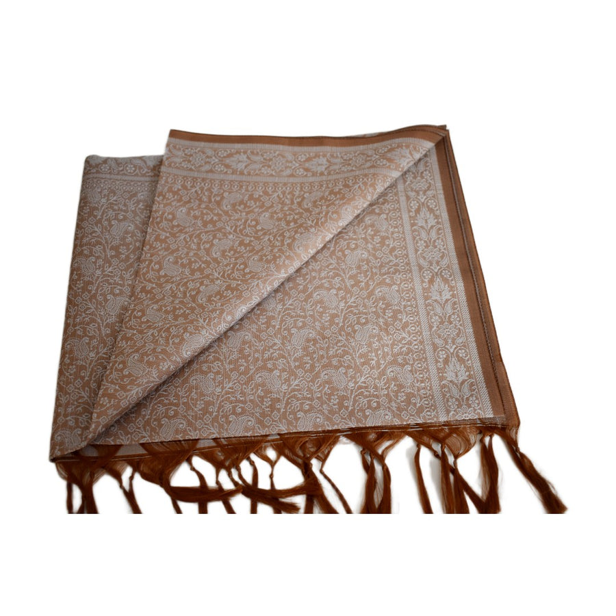 Patterned scarf with fringes on a white background