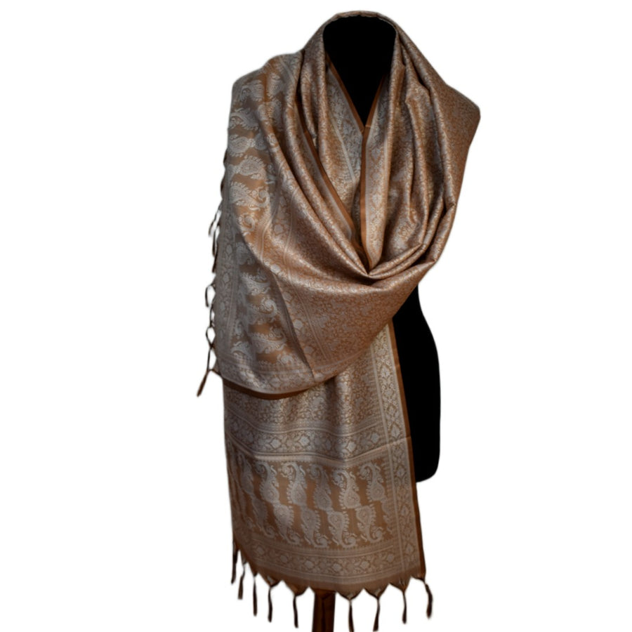 Brown patterned scarf with fringes on a white background
