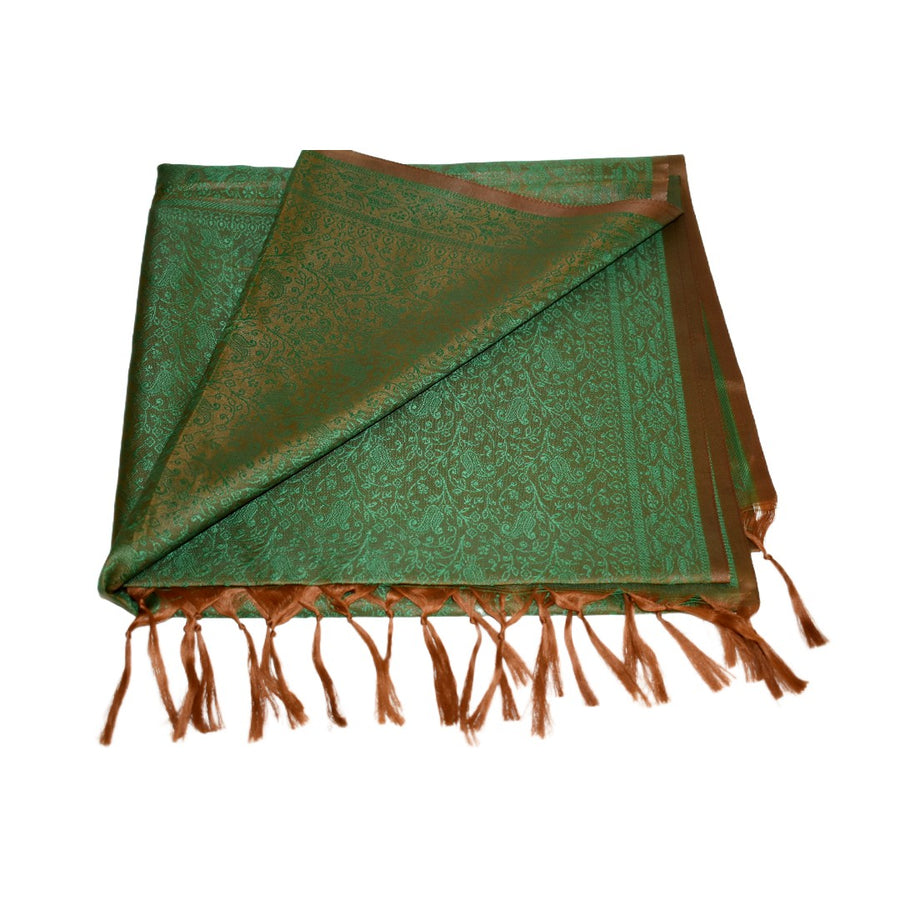 Green patterned scarf with fringes on a white background