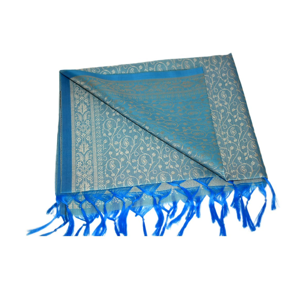 Blue and white patterned scarf with fringes on a white background