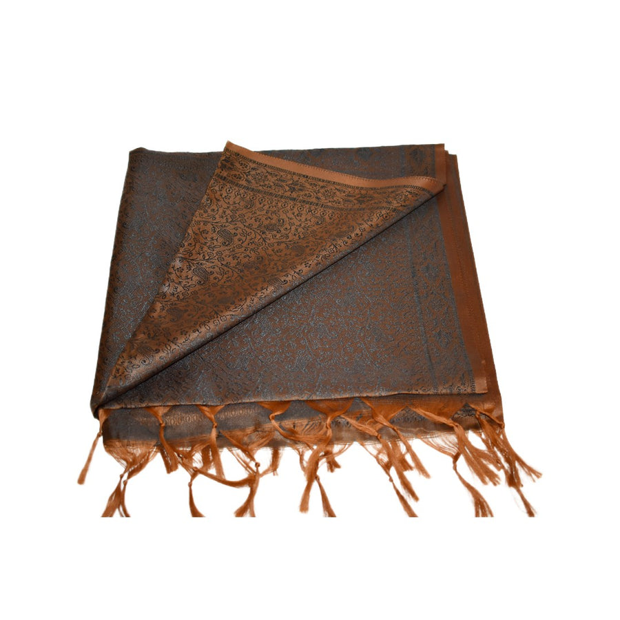 Brown patterned scarf with fringes on a white background