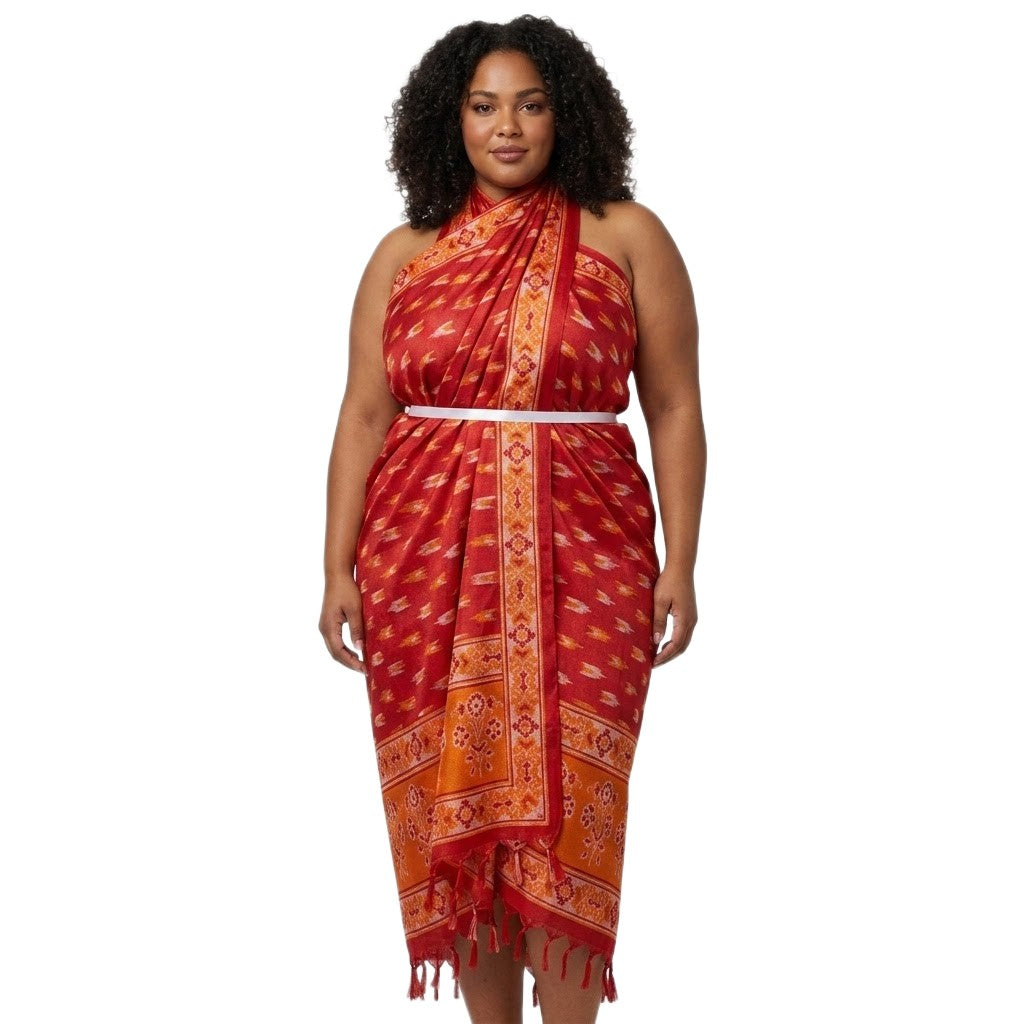 Pareo Mare/ Sarong/ Esarfa de Plaja - Matase vegetala (Bamboo Silk) -> Ikat Rosu de foc. Cod: Bamboo4