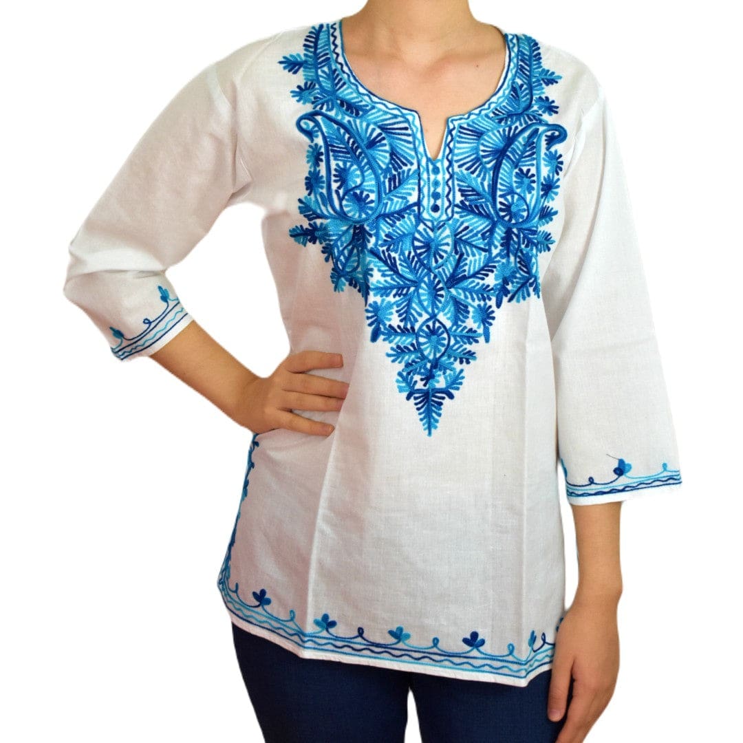 Bluza/Tunica din bumbac cu Broderie Kashmiri -> Cod: KASHMIRI53 - M-L (40-42) - Bluza tunica cu broderie Kashmiri