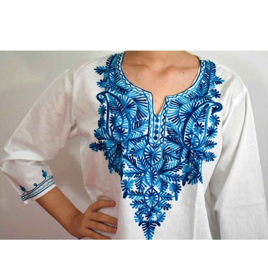 Bluza/Tunica din bumbac cu Broderie Kashmiri -> Cod: KASHMIRI53 - M-L (40-42) - Bluza tunica cu broderie Kashmiri
