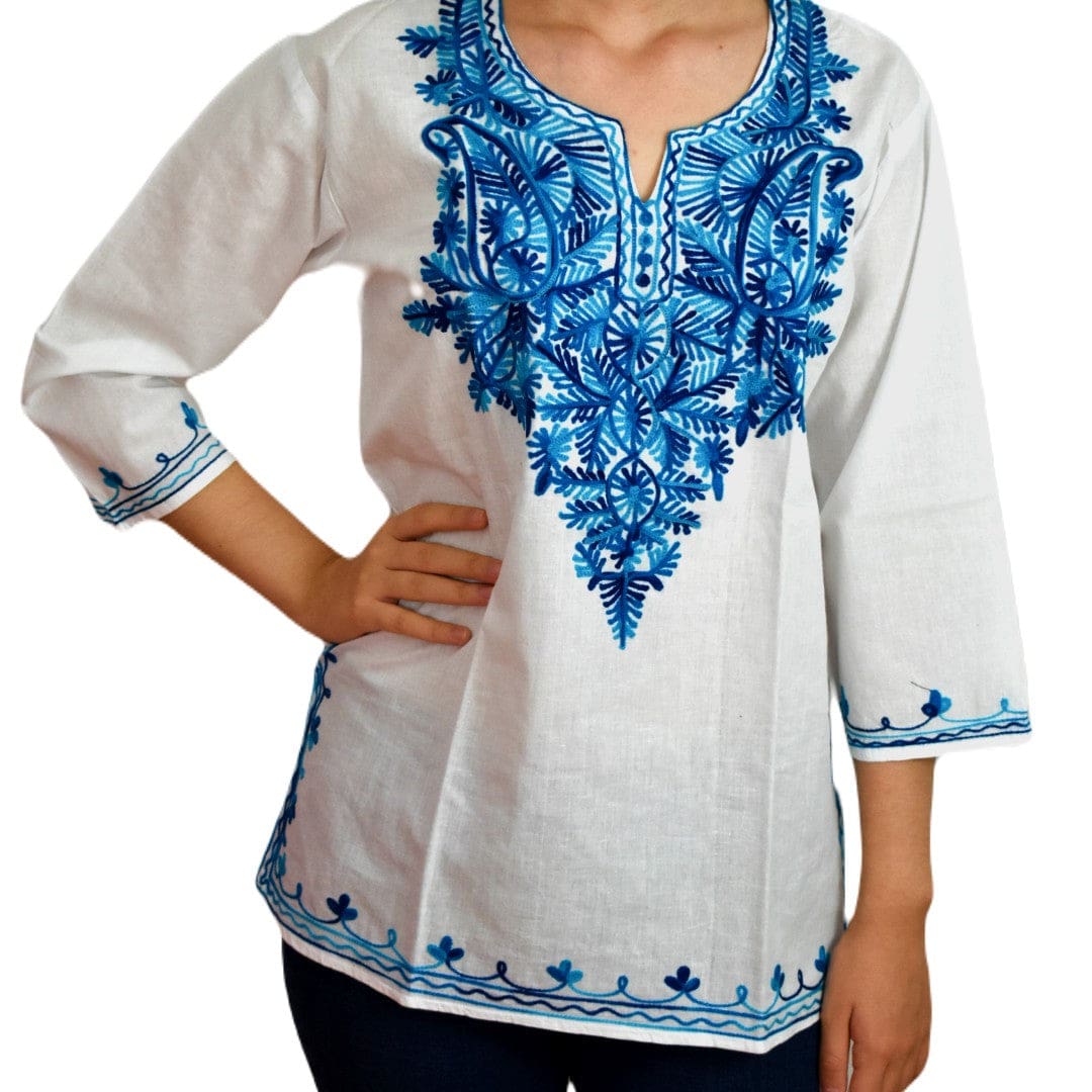 Bluza/Tunica din bumbac cu Broderie Kashmiri -> Cod: KASHMIRI53 - M-L (40-42) - Bluza tunica cu broderie Kashmiri