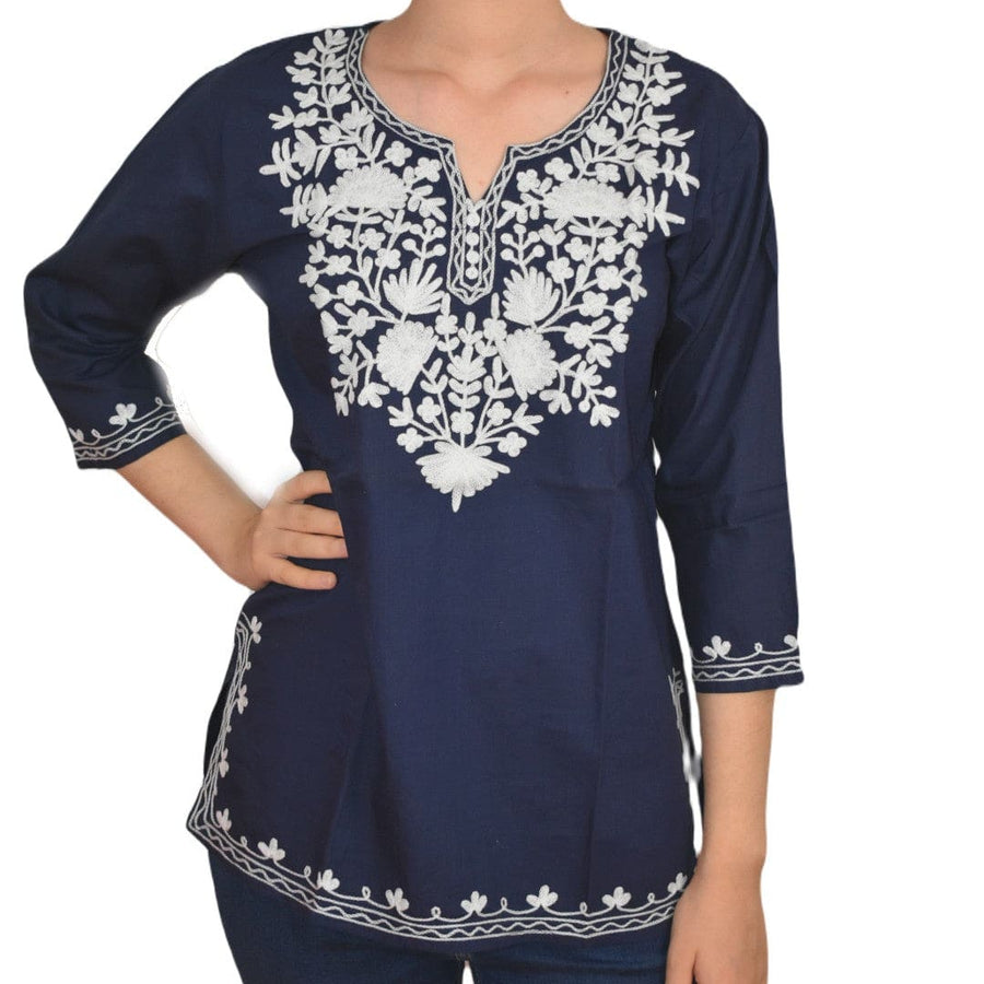 Bluza/Tunica din bumbac cu Broderie Kashmiri -> Cod: KASHMIRI56 - S-M (38-40) - Bluza tunica cu broderie Kashmiri