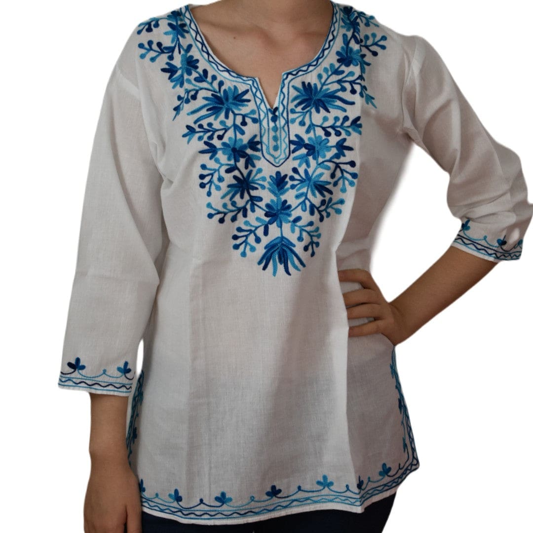Bluza/Tunica din bumbac cu Broderie Kashmiri -> Cod: KASHMIRI58 - M-L (40-42) - Bluza tunica cu broderie Kashmiri