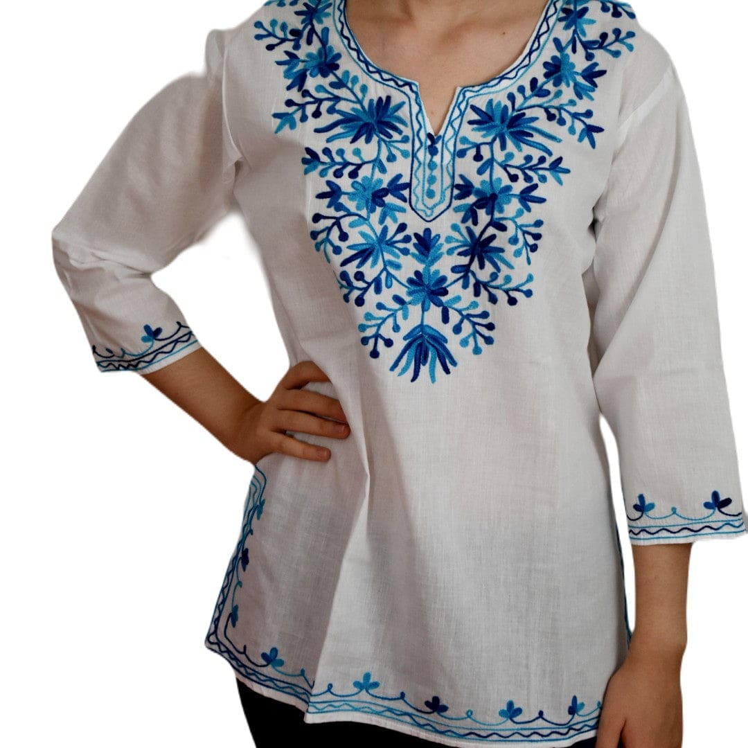 Bluza/Tunica din bumbac cu Broderie Kashmiri -> Cod: KASHMIRI58 - M-L (40-42) - Bluza tunica cu broderie Kashmiri
