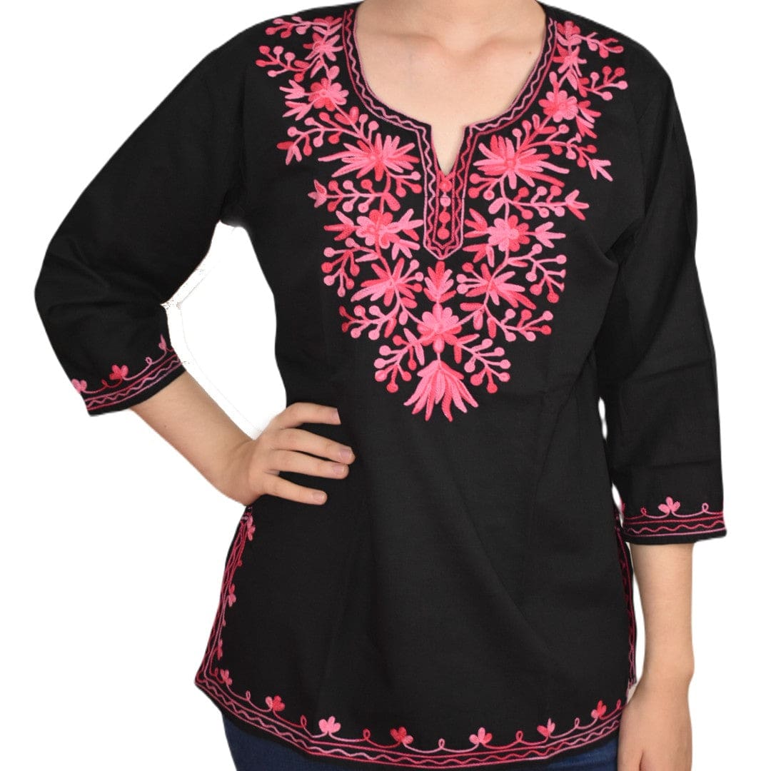 Bluza/Tunica din bumbac cu Broderie Kashmiri -> Cod: KASHMIRI61 - M-L (40-42) - Bluza tunica cu broderie Kashmiri