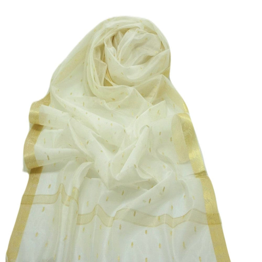 Esarfa Sal tesuta manual din Bumbac & Matase Naturala (Kora Silk cu bordura Zari) - Alb Snow