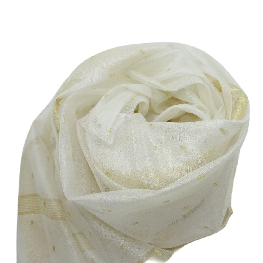 Esarfa Sal tesuta manual din Bumbac & Matase Naturala (Kora Silk cu bordura Zari) - Alb Snow