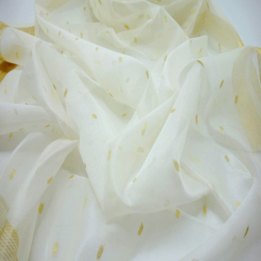 Esarfa Sal tesuta manual din Bumbac & Matase Naturala (Kora Silk cu bordura Zari) - Alb Snow