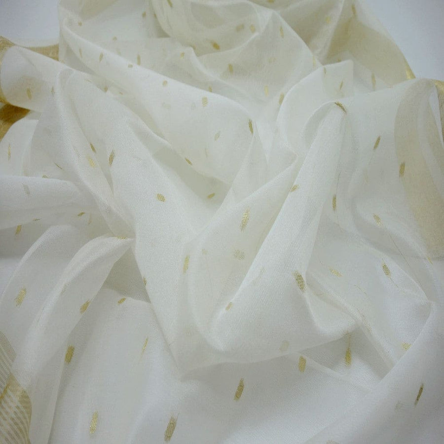 Esarfa Sal tesuta manual din Bumbac & Matase Naturala (Kora Silk cu bordura Zari) - Alb Snow