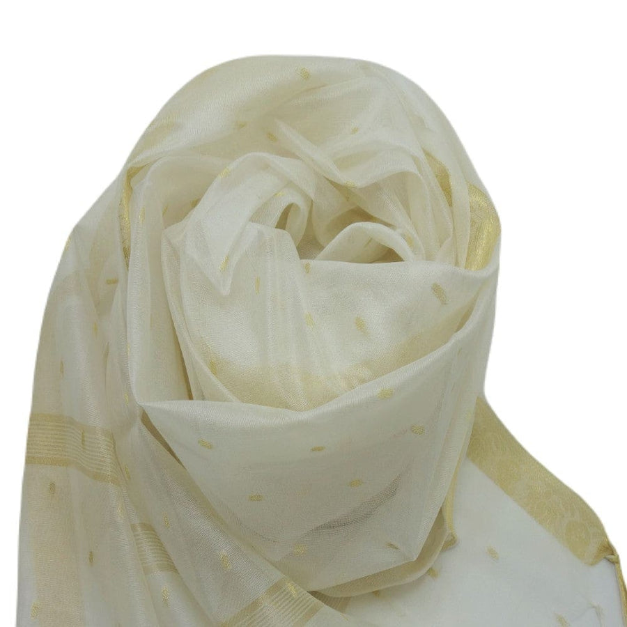 Esarfa Sal tesuta manual din Bumbac & Matase Naturala (Kora Silk cu bordura Zari) - Alb Snow