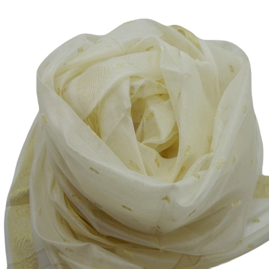 Esarfa Sal tesuta manual din Bumbac & Matase Naturala (Kora Silk cu bordura Zari) - Ivory Shade
