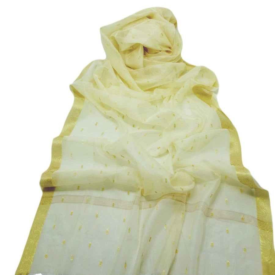 Esarfa Sal tesuta manual din Bumbac & Matase Naturala (Kora Silk cu bordura Zari) - Ivory Shade