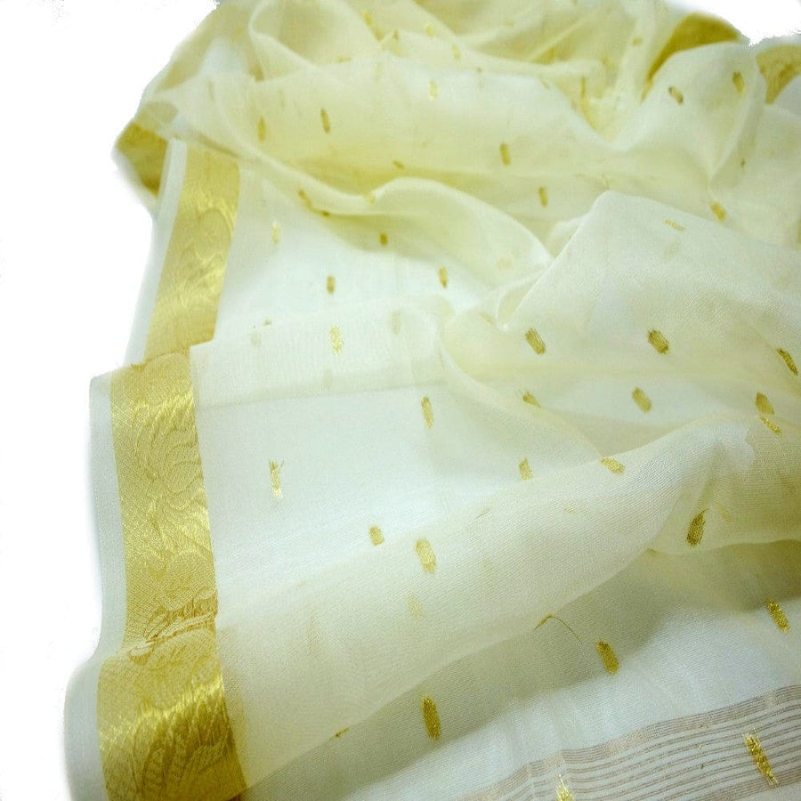 Esarfa Sal tesuta manual din Bumbac & Matase Naturala (Kora Silk cu bordura Zari) - Ivory Shade