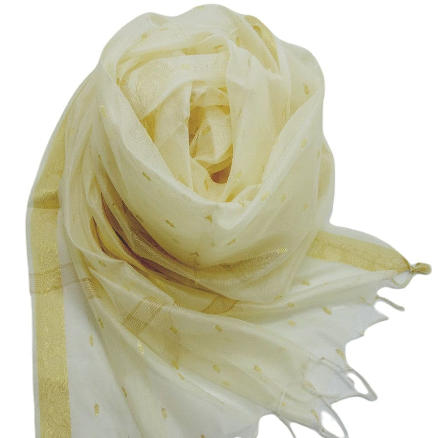Esarfa Sal tesuta manual din Bumbac & Matase Naturala (Kora Silk cu bordura Zari) - Ivory Shade