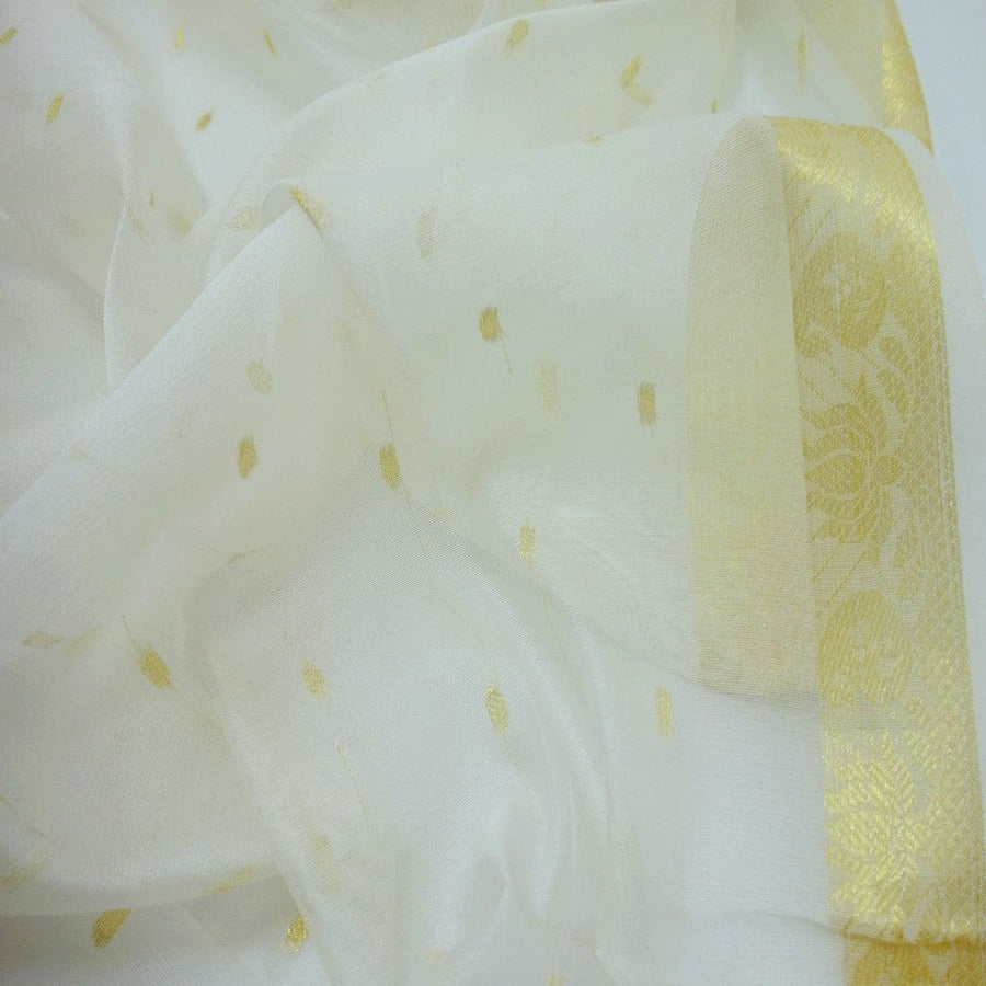 Esarfa Sal tesuta manual din Bumbac & Matase Naturala (Kora Silk cu bordura Zari) - Ivory Shade