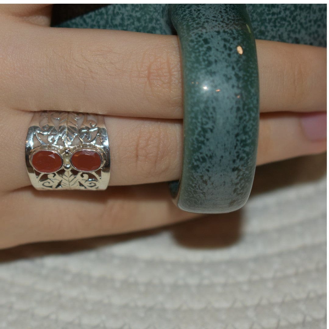 Inel din Argint 925 cu 2 Pietre Semipretioase Naturale de Carneol (Carnelian) multifatetat slefuite ->Cod: PureSilver34 (Marime: 8) - inel