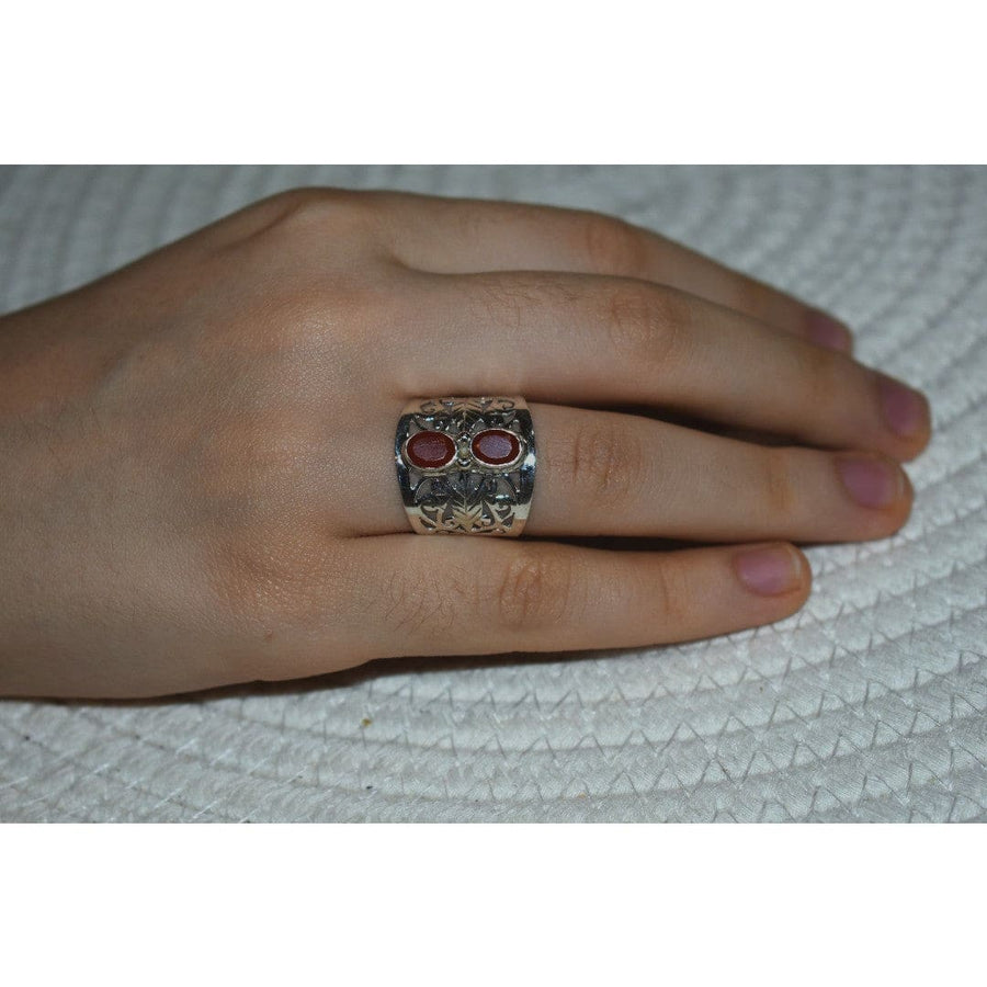 Inel din Argint 925 cu 2 Pietre Semipretioase Naturale de Carneol (Carnelian) multifatetat slefuite ->Cod: PureSilver34 (Marime: 8) - inel