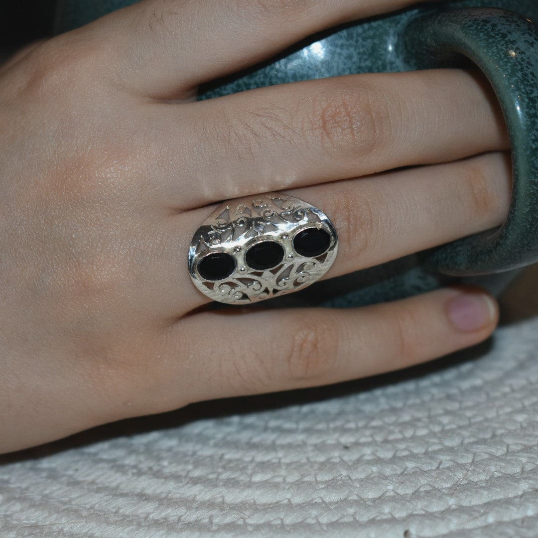 Inel din Argint cu 3 Pietre Semipretioase Naturale de Onix Negru -PureSilver13 (Marime: 9) - inel argint