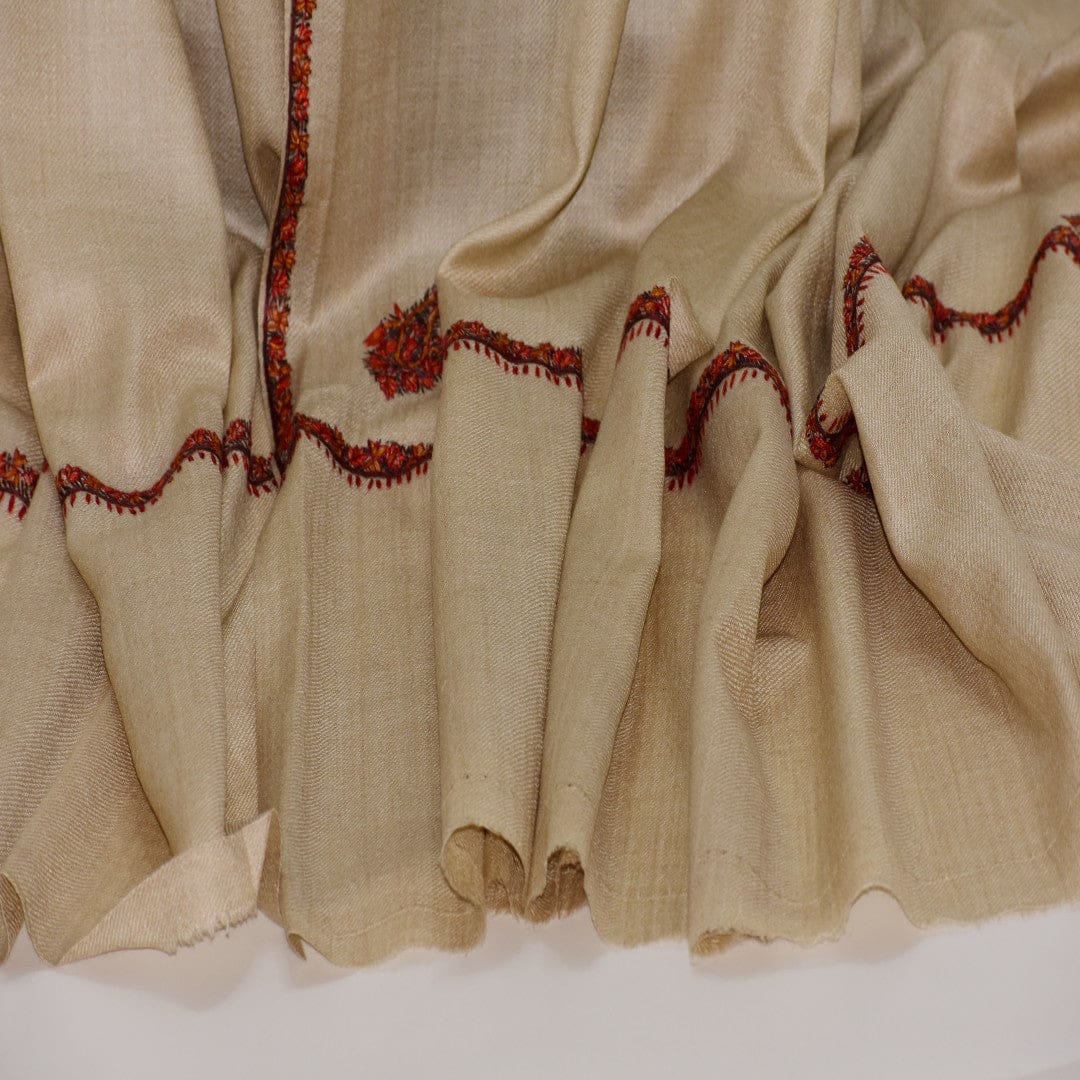 NOU! Sal de Dimensiuni Mari tesut din 100% Lana cu textura ultrafina (Australian Merino Wool) & Broderie Manuala - Natural Greige - sal din