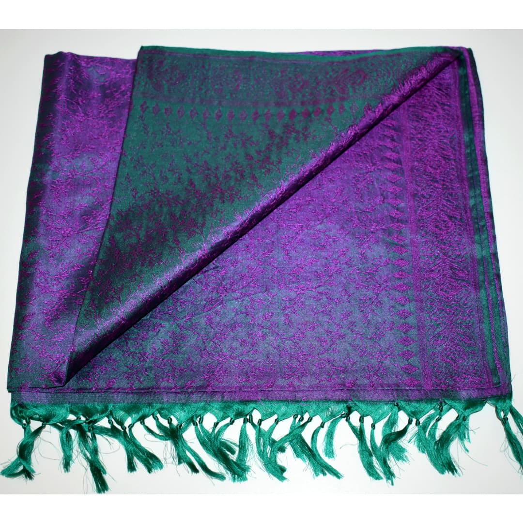 Sal din Matase Naturala de Varanasi - > Emerald Green & Mov-> Cod: MATASEVAR3 - Esarfa-Sal din Matase Naturala Varanasi