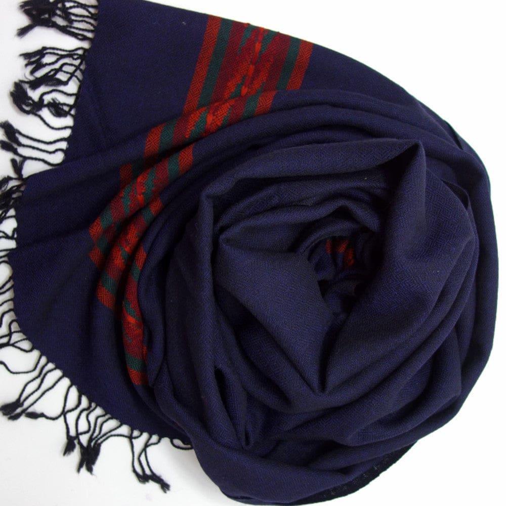 Sal Unisex confectionat din 100% Lana (Yak & Merino)- Navy Blue cu Bordura Kullu -> Cod: KYM1 - Saluri din Lana de Yak & Merino