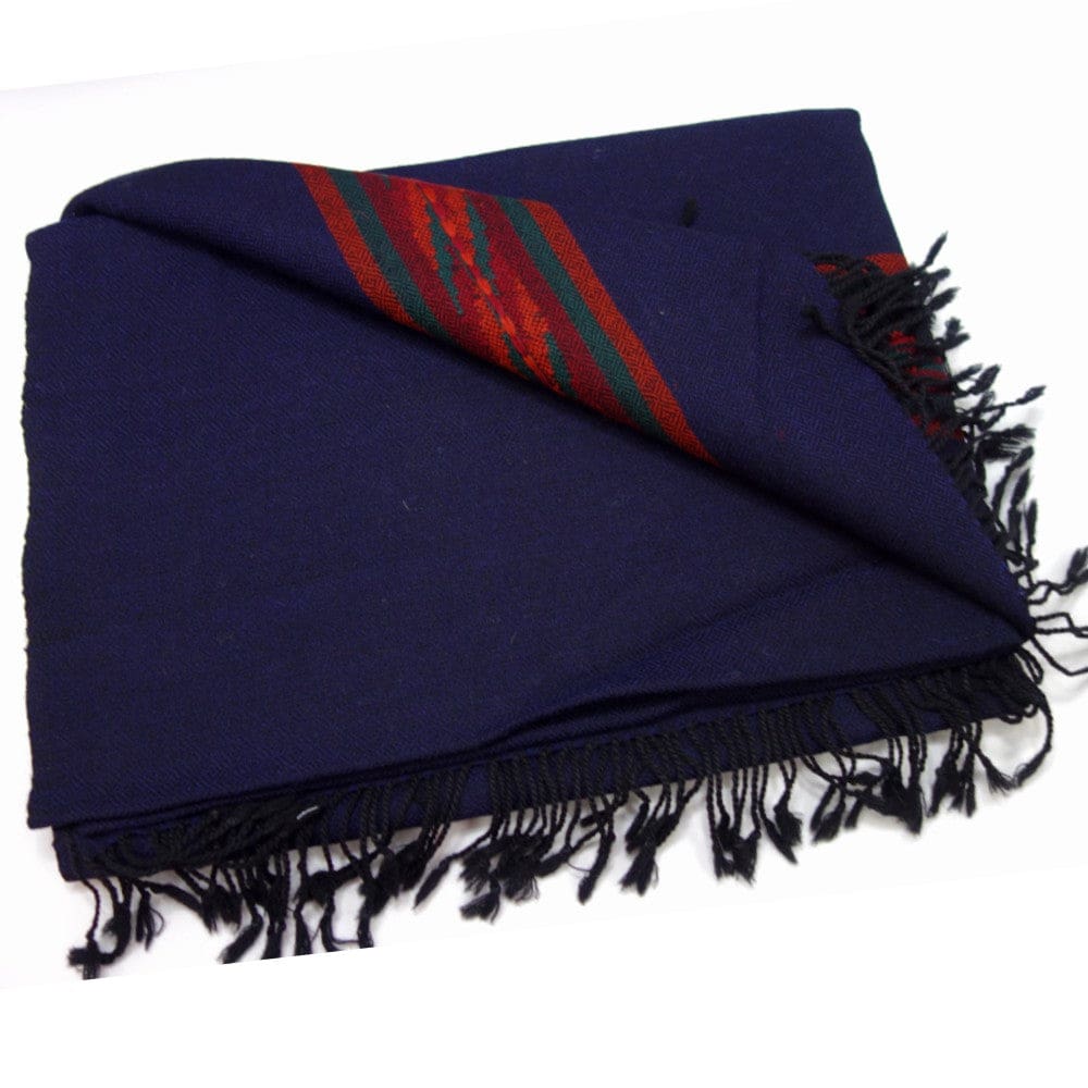Sal Unisex confectionat din 100% Lana (Yak & Merino)- Navy Blue cu Bordura Kullu -> Cod: KYM1 - Saluri din Lana de Yak & Merino