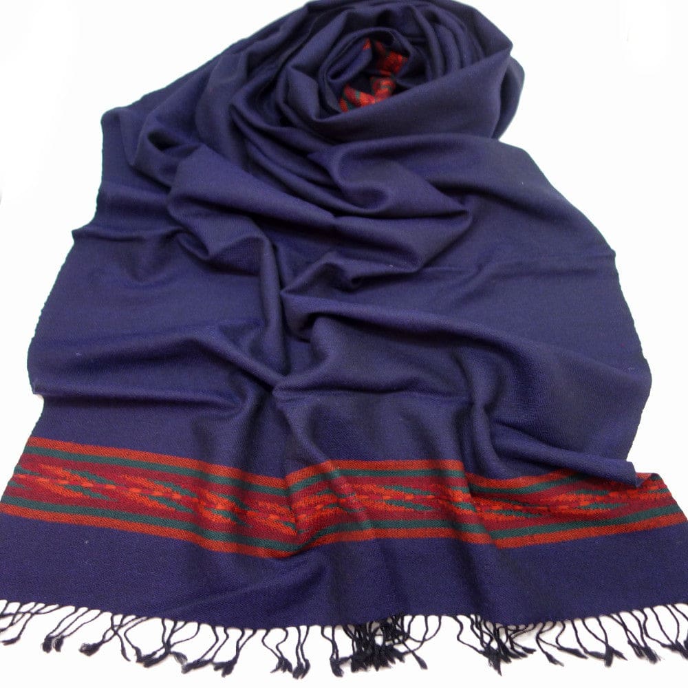 Sal Unisex confectionat din 100% Lana (Yak & Merino)- Navy Blue cu Bordura Kullu -> Cod: KYM1 - Saluri din Lana de Yak & Merino