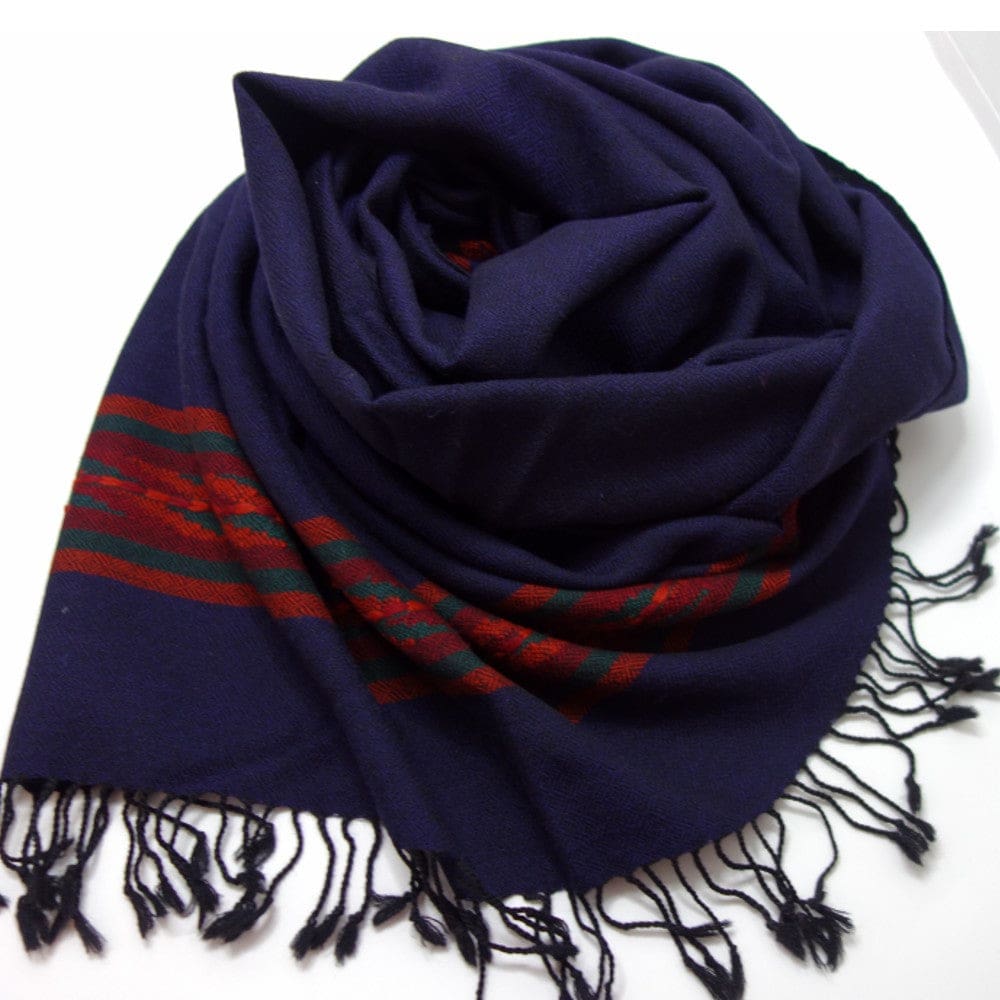 Sal Unisex confectionat din 100% Lana (Yak & Merino)- Navy Blue cu Bordura Kullu -> Cod: KYM1 - Saluri din Lana de Yak & Merino