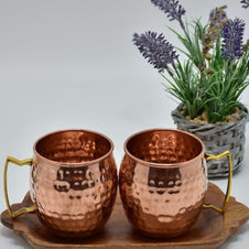 Set - 2 Cani Mari de Cupru cu maner din Alama & Bonus 2 coasters din Lemn de Mango) - Cana Cupru