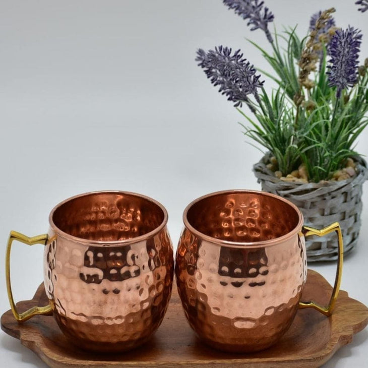 Set - 2 Cani Mari de Cupru cu maner din Alama & Bonus 2 coasters din Lemn de Mango) - Cana Cupru