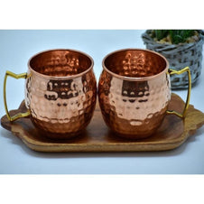 Set - 2 Cani Mari de Cupru cu maner din Alama & Bonus 2 coasters din Lemn de Mango) - Cana Cupru