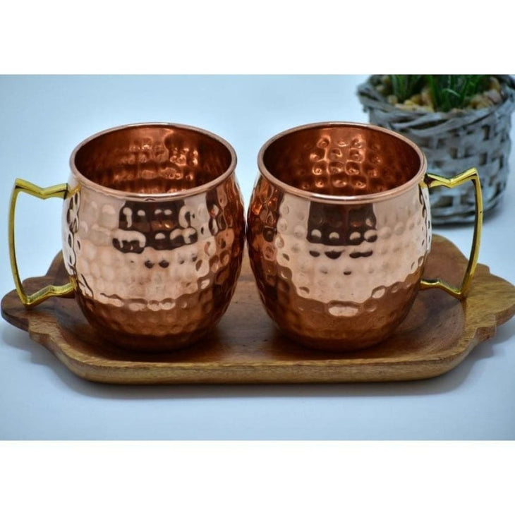 Set - 2 Cani Mari de Cupru cu maner din Alama & Bonus 2 coasters din Lemn de Mango) - Cana Cupru