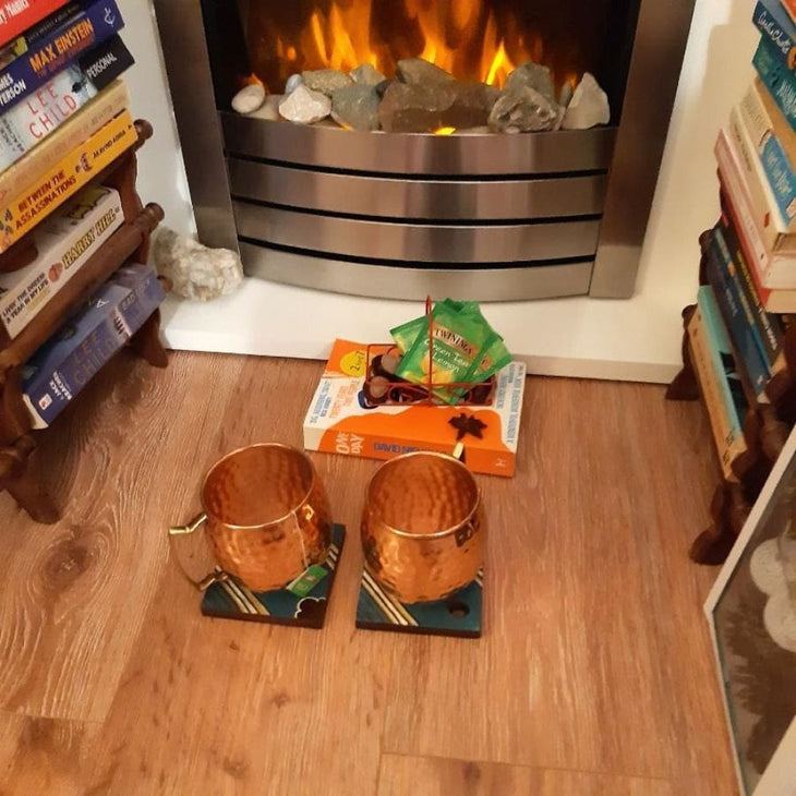 Set - 2 Cani Mari de Cupru cu maner din Alama & Bonus 2 coasters din Lemn de Mango) - Cana Cupru