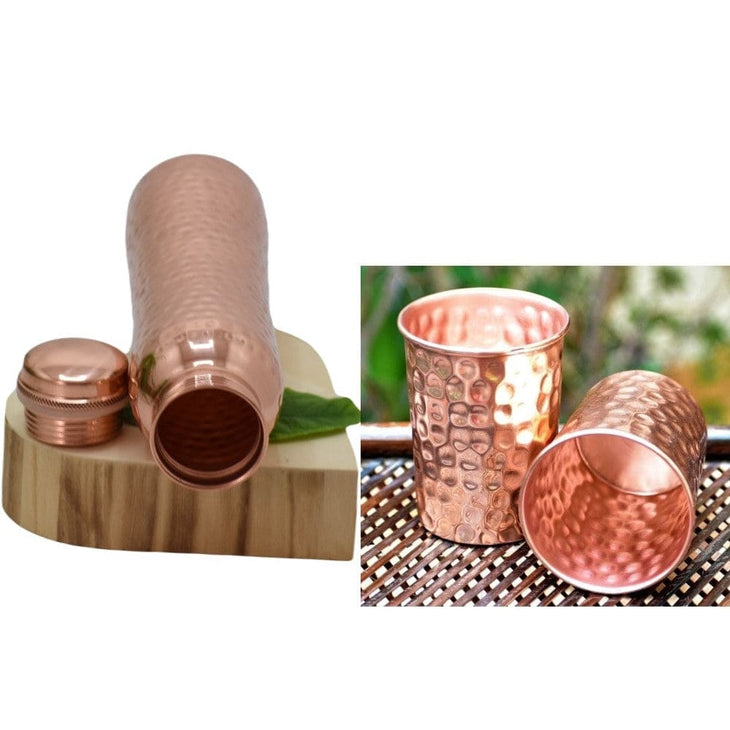SET-> Sticla & 2 Pahare din Cupru cu Model ’Lovitura de Ciocan’ Curved Style -> Cod: SETCUPRUCURVED