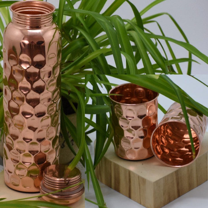 SET-> Sticla & 2 Pahare din Cupru solid cu Model Embosat - Diamantat-> Cod: SETDIAM - Sticla Cupru