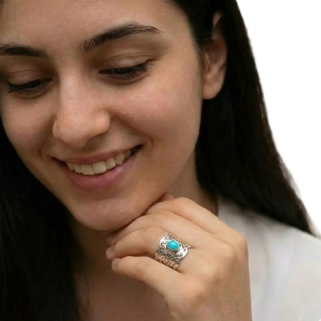 Inel Statement din Argint 925 cu Piatra Semipretioasa Naturala de Turcoaz - Code: PureSilver37 (Marime: 8 (US) & 9 (US)