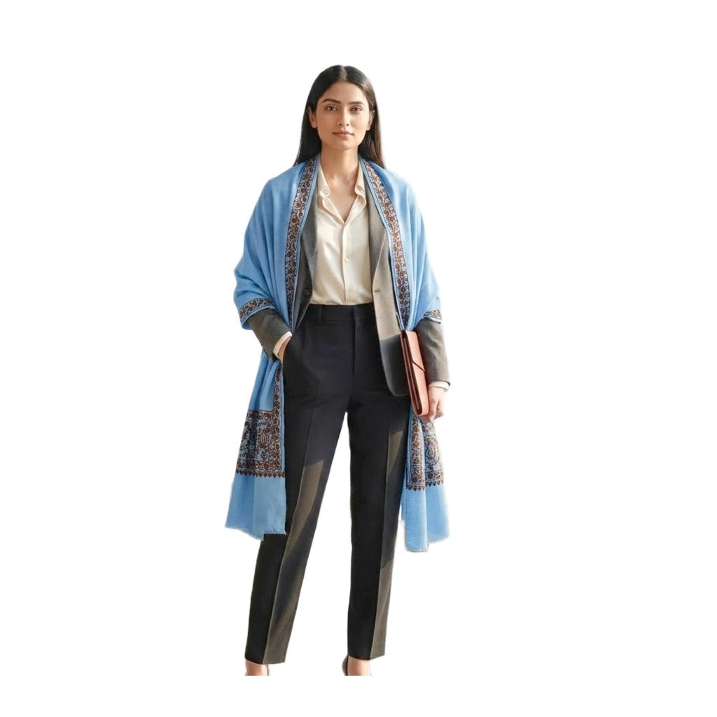 Esarfa Sal Lana Casmir si Matase Naturala cu Broderie din Matase – Bleu/Maron Ciocolatiu -> Cod: CASHMBROD5