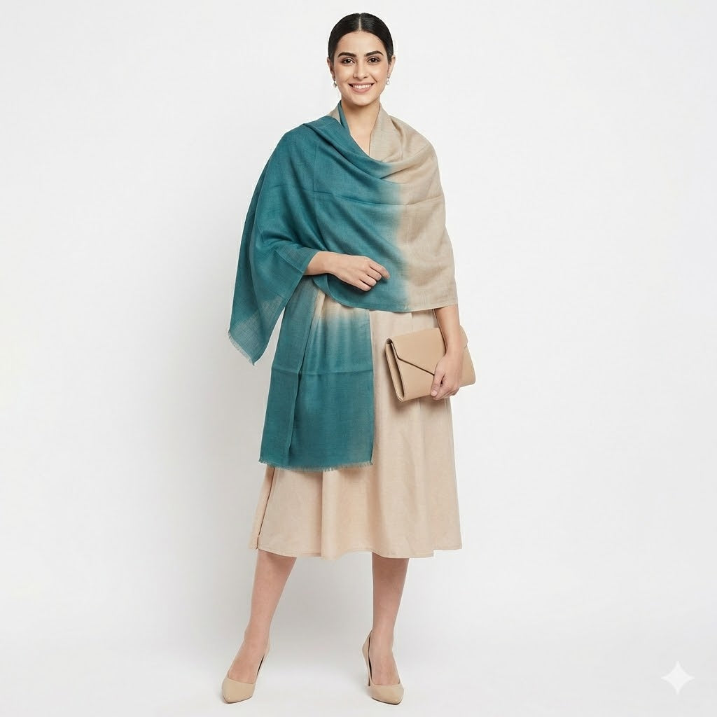 Esarfa-Sal din Matase Naturala Eri Muga Silk -> Bej Nude & Blue Turcoaz -> Cod:|ERIMUGASILK5