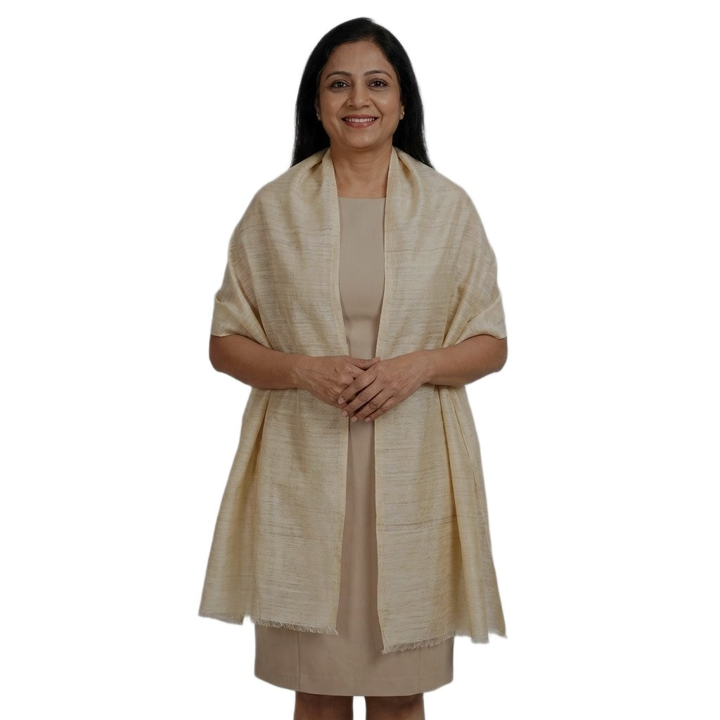 Sal tesut manual din 100% Matase Naturala Organica - Ghicha Tassar/Tussar Silk -> Ivory Alb- Cod: OrganicSilk14