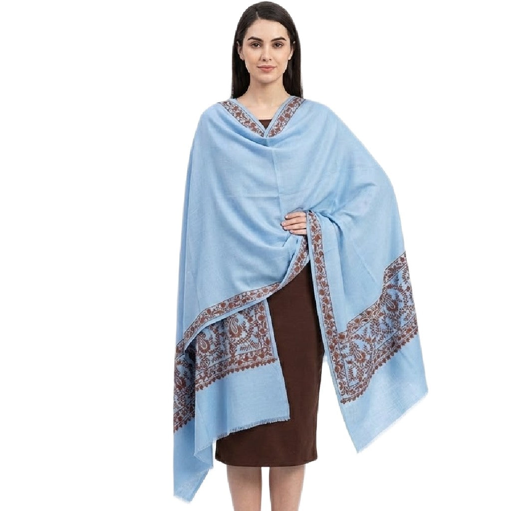 Esarfa Sal Lana Casmir si Matase Naturala cu Broderie din Matase – Bleu/Maron Ciocolatiu -> Cod: CASHMBROD5