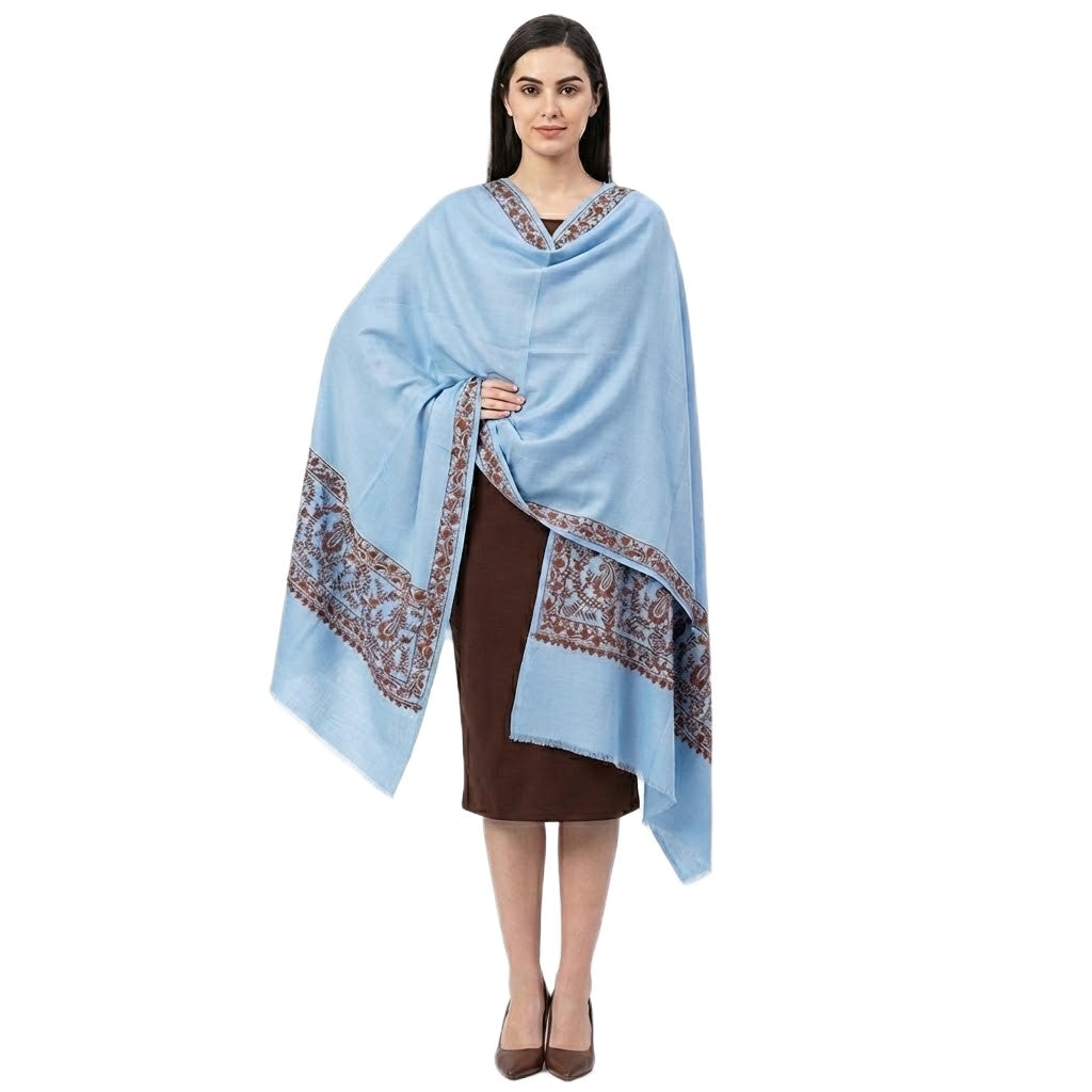 Esarfa Sal Lana Casmir si Matase Naturala cu Broderie din Matase – Bleu/Maron Ciocolatiu -> Cod: CASHMBROD5