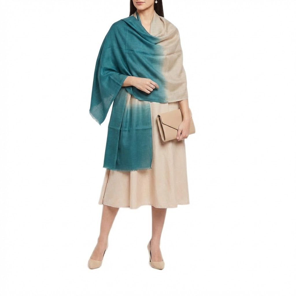 Esarfa-Sal din Matase Naturala Eri Muga Silk -> Bej Nude & Blue Turcoaz -> Cod:|ERIMUGASILK5