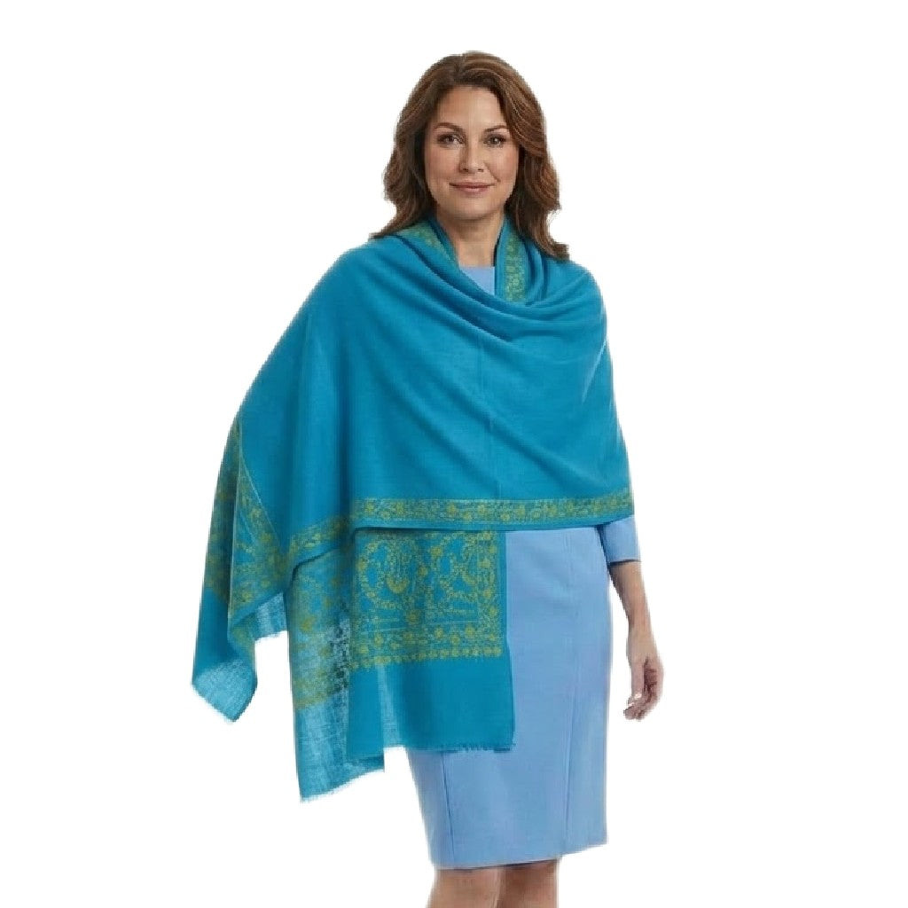 Esarfa Sal Lana Casmir si Matase Naturala , cu Broderie din Matase – Turcoaz/Verde Smarald-  Finete si Eleganta in orice Sezon -> Cod: CASHMBROD1