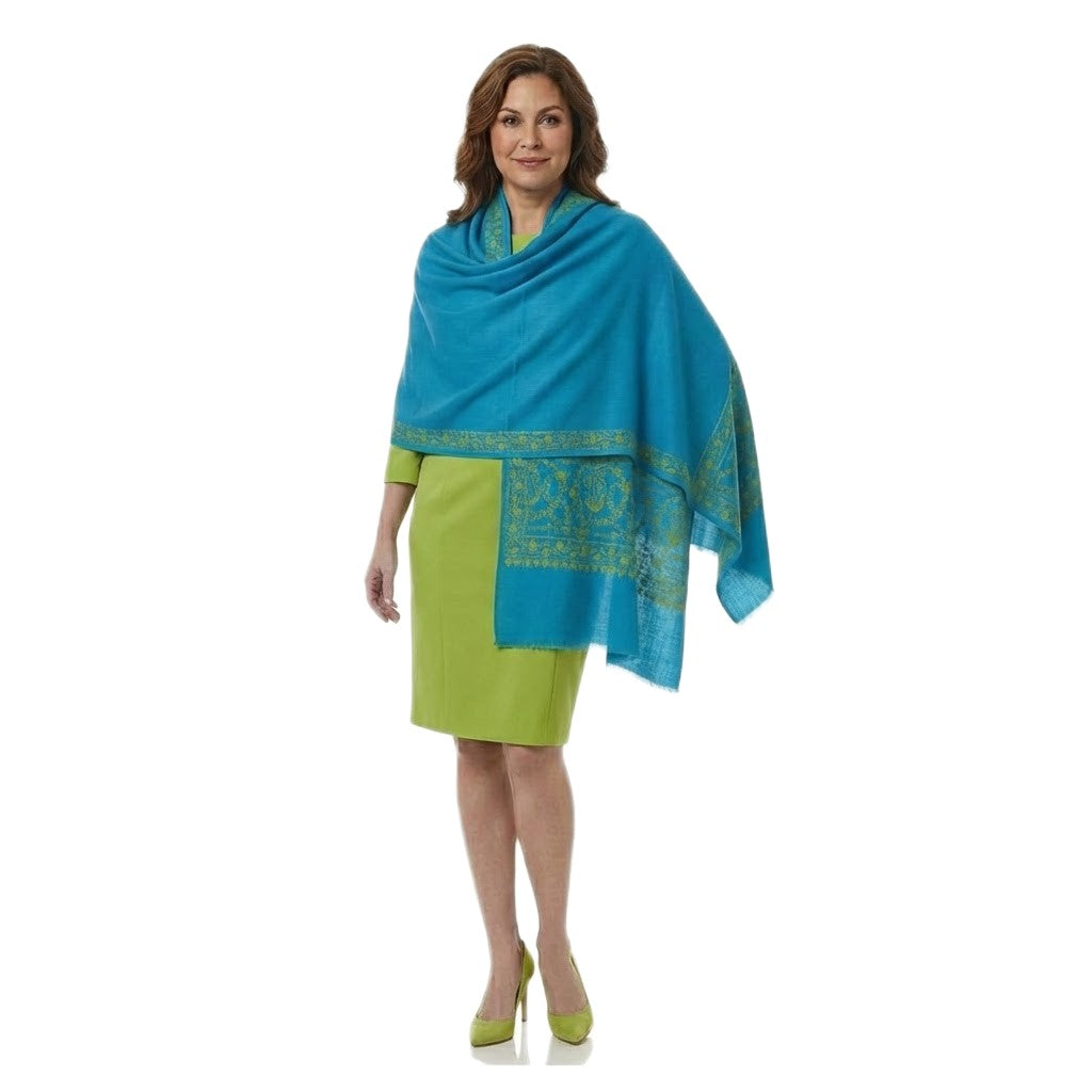 Esarfa Sal Lana Casmir si Matase Naturala , cu Broderie din Matase – Turcoaz/Verde Smarald-  Finete si Eleganta in orice Sezon -> Cod: CASHMBROD1