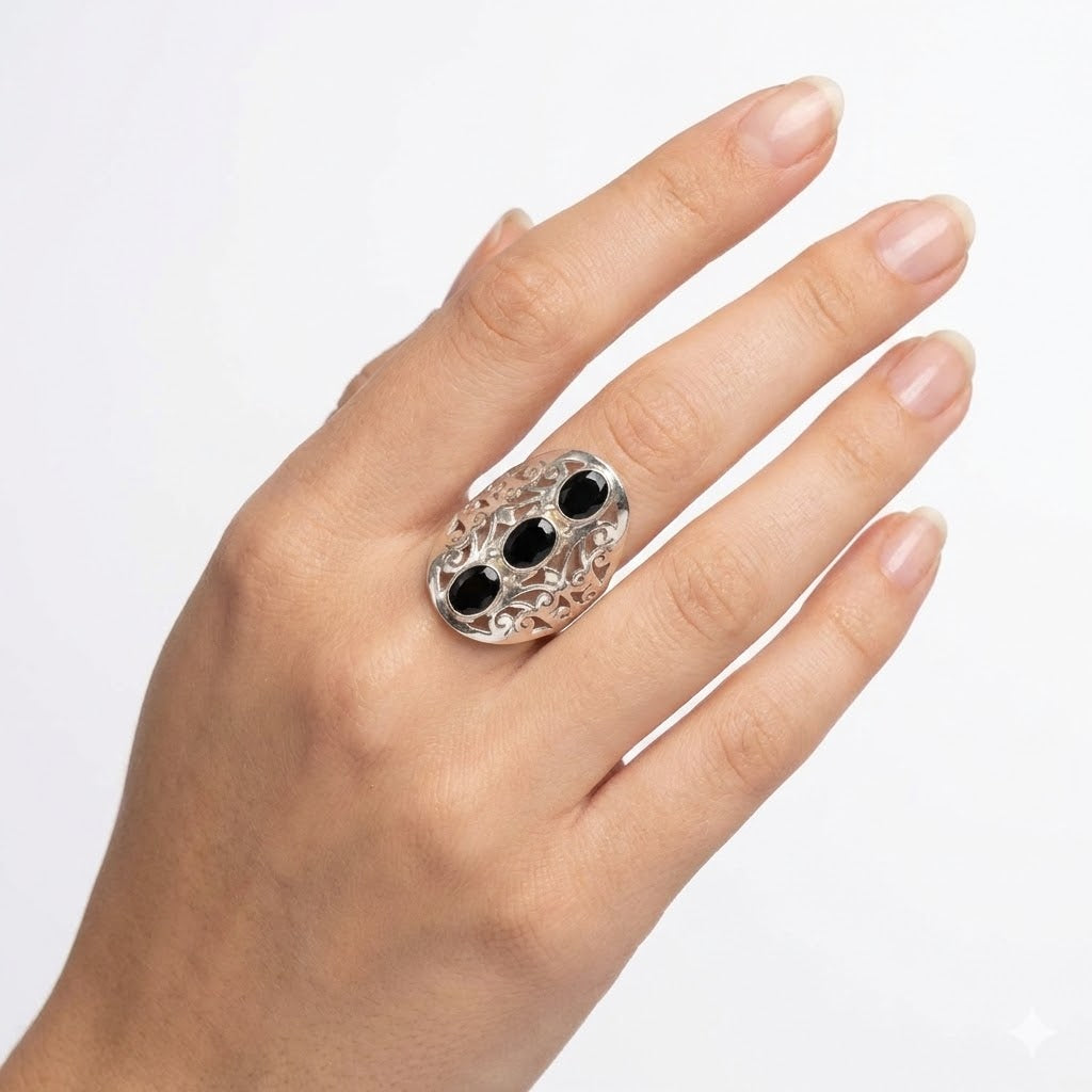 Inel din Argint cu 3 Pietre Semipretioase Naturale de Onix Negru -PureSilver13 (Marime: 9)