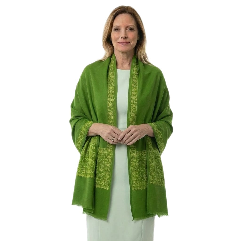 Esarfa Sal Lana Casmir si Matase Naturala, cu Broderie din Matase – Verde Army/Verde Fistic- Finete si Eleganta in orice Sezon -> Cod: CASHMBROD2